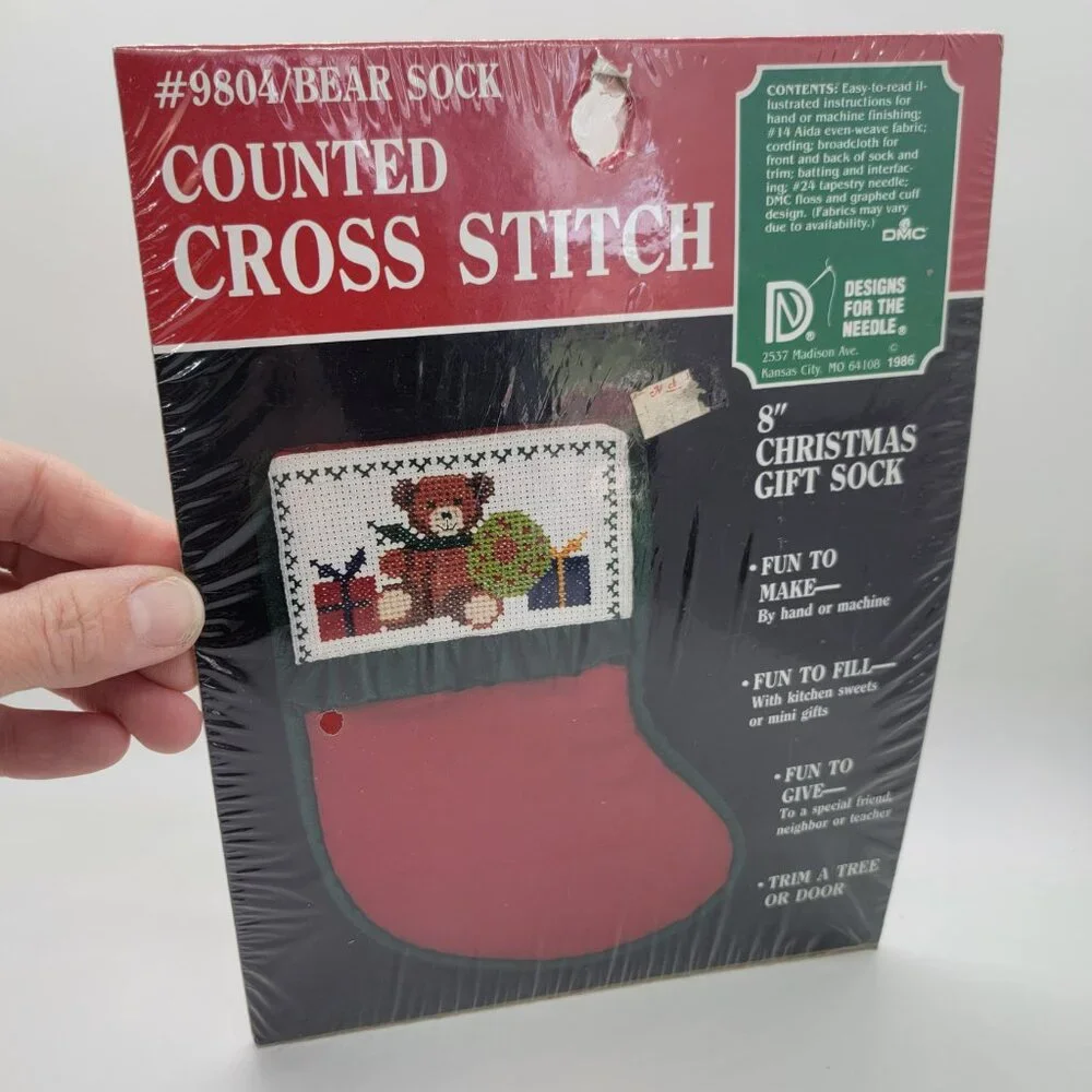 Vintage Counted Cross Stitch Christmas Bear Sock Stocking #9804 DMC Designs Gift - Picture 12 of 12